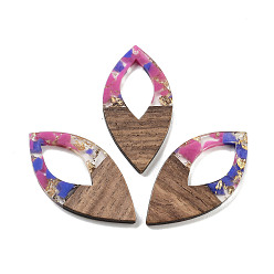 Камелия Подвески из орехового дерева, смола и золотая фольга, овальные, камелия, 47.5x24x3.5 мм, отверстие : 2 мм