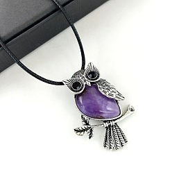 Аметист Натуральный аметистовый кулон в виде совы, черные ожерелья из искусственной кожи для женщин, античное серебро, 16.93 дюйм (43 см)