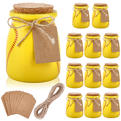 Yellow 12Pcs Baseball Printed Glass Pudding Cup, with 12Pcs Kraft Paper Flower Head Gift Tags and 1 Bundle Jute Cords, Yellow, 9.3x7cm, Inner Diameter: 4.5cm, Capacity: 100ml(3.38fl. oz)