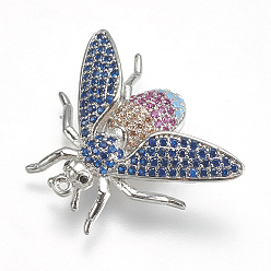 Платина Латунные микро проложить кубического циркония подвески, насекомое, красочный, платина, 21x28x6 мм, отверстие : 0.8~1 мм