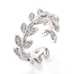 Платина Латунные кольца-манжеты с микропаве из прозрачных кубических цирконий, лист, платина, 8 мм, внутренний диаметр: 17~19 мм