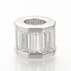 Platinum Brass Micro Pave Cubic Zirconia European Beads, Large Hole Beads, Polygon, Platinum, 7x9x9mm, Hole: 4.5mm