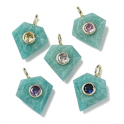 Амазонит Граненые подвески из натурального амазонита, Бриллиантовые подвески с латунными микропаве и фианитами кубического циркония случайного цвета, золотые, 25x18x8 мм, отверстие : 4x2 мм