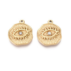 Плоский Круглый 304 подвески из нержавеющей стали, со стразами, золотые, очарование глаз, плоско-круглые, 21x19x3.5 мм, отверстие : 1.6 мм