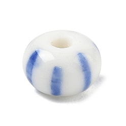 Royal Blue Handmade Porcelain Beads, Flat Round with Stripe Pattern, Hand Painted, Royal Blue, 5.5x9mm, Hole: 2.5mm