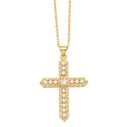 Clear Brass Micro Pave Cubic Zirconia Pendant Necklaces, with Plastic Bead, Cross, Clear, 17.72 inch(45cm)