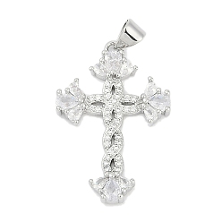 Платина Латунные микропаве прозрачные подвески с фианитом, крест прелести, без кадмия и без свинца, долговечный, стойки покрытие, с целью перехода в кольце, платина, 30.5x20.5x3 мм, отверстие : 4x3 мм