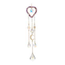 Аметист Стеклянные каплевидные и звездчатые оконные подвесные ловцы солнца, сердце натуральный аметист и латунь подвески солнце и луна украшения украшения, 230 мм