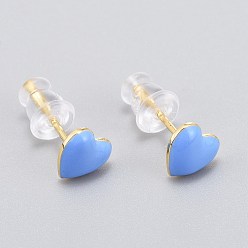 Васильковый Серьги-гвоздики из латуни, с пластиковыми гайками уха, долговечный, сердце, реальный 18 k позолоченный, васильковый, 6x6.5 мм, штифты : 1 мм