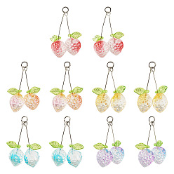 Gemischte Farbe 10 Stück 5 Stile transparente, sprühlackierte Glasanhänger, Erdbeere, mit Acrylblatt-Anhänger und 304 offenen Biegeringen aus Edelstahl, Gemischte Farbe, 29x14x11 mm, Bohrung: 3.5 mm, 2 Stück / Stil