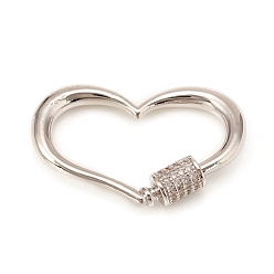 Platinum Brass Screw Carabiner Lock Charm, for Necklaces Making, with Clear Cubic Zirconia, Heart, Platinum, 21.5x33x3.5mm, Screw: 7x5.5mm