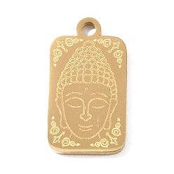 Oro Colgantes budistas 304 de acero inoxidable, Rectángulo con dijes de Buda, pulido a mano, revestimiento de iones (ip), dorado, 19x10x1.5 mm, agujero: 1.8 mm