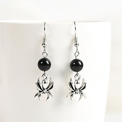Обсидиан Природные обсидиана болтаться серьги, ювелирные изделия из сплава в виде паука на Хэллоуин для женщин, 46x8 мм