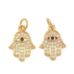 Marina Azul Micro latón allanan encantos de circonio cúbico, encantos de mano hamsa, chapado en rack, larga duración plateado, sin plomo y cadmio, real 18 k chapado en oro, azul marino, 15x10.5x2 mm, agujero: 3.5 mm