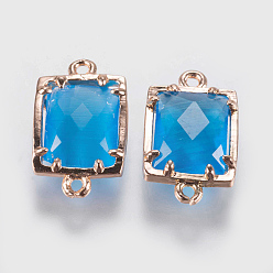 Темно-Голубой Соединители стеклянные ссылки, с латунной найти, граненые, прямоугольные, золотые, глубокое синее небо, 15x9x4 мм, отверстие : 0.6 мм