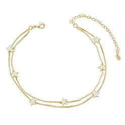 Real 18K Gold Plated Brass Multi-Strand Anklets, with Epoxy Resin and Box Chains, Star, White, Real 24K Gold Plated, 8-1/4 inch(21cm)