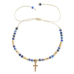 Cross Регулируемые плетеные браслеты из натурального лазурита, нержавеющая сталь крест браслетов шарма, крестик, внутренний диаметр: 11.02 дюйм (28 см)
