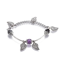 Amethyst 304 Stainless Steel Charm Bracelets, with Natural Amethyst Beads, Natural Labradorite, Natural Sandalwood, Alloy Finding, Leaf, 7-5/8 inch(19.5cm)