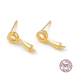 Real 18K Gold Plated Donut 925 Sterling Silver Stud Earring Findings, for Half Drilled Beads, with S925 Stamp, Real 18K Gold Plated, 15x5mm, Pin: 0.9mm and 11x0.9mm