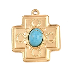 Cross Синтетические бирюзовые подвески, с 304 установками из нержавеющей стали, золотые, крестик, 25x22x5 мм, отверстие : 1.4 мм