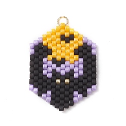 Bat Подвески из стеклянных бусин на тему Хэллоуина, шестиугольник, с 304 кольцом из нержавеющей стали, реальный 18 k позолоченный, летучая мышь, 30.5x24x2.5 мм, отверстие : 2.5 мм