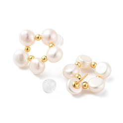 Real 18K Gold Plated Flower Natural Pearl Stud Earrings for Women, Sterling Silver Ear Stud, Real 18K Gold Plated, 20~21x19~21mm