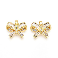Настоящее золото 18K Латунные микро проложить кубического циркония подвески, без кадмия и без свинца, бантом прелести, реальный 18 k позолоченный, 14x18.5x6 мм, отверстие : 4x2.5 мм