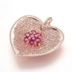 Real Rose Gold Plated Brass Micro Pave Cubic Zirconia Pendants, Real Rose Gold Plated, Heart, Rose Gold, 22x23.5x5mm, Hole: 3mm