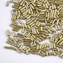 Gold Electroplate Glass Bugle Beads, Round Hole, Metallic Colours, Gold, 3~5x1.5~2mm, Hole: 0.8mm, about 15000pcs/bag