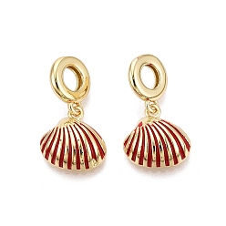 Малиновый Латунные эмалированные европейские подвески с подвесками, подвески с большими отверстиями в форме ракушки, реальный 18 k позолоченный, малиновый, 25 мм, отверстие : 5 мм