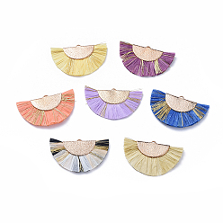 (52) Непрозрачная лаванда Подвески из рафии с кисточками, с металлическими шнурами и медными выводами, веерообразный, золотые, разноцветные, 27x45x3 мм, отверстие : 1x3 мм