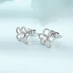 Stainless Steel Color 304 Stainless Steel Stud Earrings for Women, with Plastic Pearl, Flower, Stainless Steel Color, 10.5x11mm