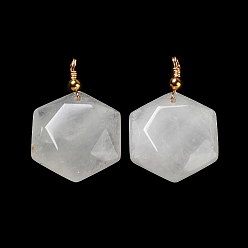 Quartz Crystal Natural Quartz Crystal Pendants, Rock Crystal Pendants, with Rack Plating Golden Tone Brass Loops, Faceted Star, 39~40x25x8.5~10mm, Hole: 3mm