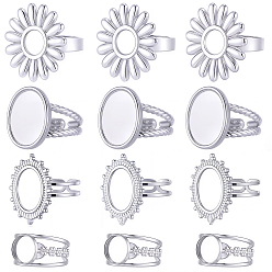 Нержавеющая Сталь Цвет 16шт. 4 регулируемые стили 304 компоненты открытого манжетного кольца из нержавеющей стали, настройки кольца чашки безеля, цветок и овал, цвет нержавеющей стали, лоток : 8~16x8~12 мм, внутренний диаметр: 17~18.6 мм, 4 шт / стиль