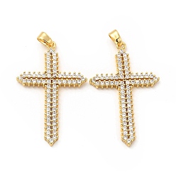 Clear Brass Micro Pave Cubic Zirconia Pendants, Religion Cross Charm, Golden, Clear, 37.5x23.5x2.5mm, Hole: 4x2.5mm