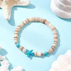 Морская звезда Браслеты из натуральной пресноводной ракушки с синтетическими бирюзовыми бусинами для мужчин и женщин, морская звезда, внутренний диаметр: 2 дюйм (5 см), звезды: 13x14x5 мм