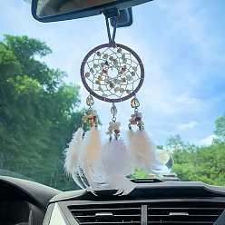 PeachPuff Iron Mixed Gemstone Woven Web/Net with Feather Hanging Ornaments, Covered with Cotton Lace and Villus Cord, PeachPuff, 350x90mm