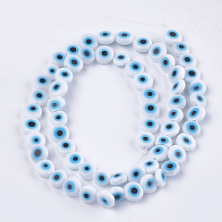 Creamy White Handmade Evil Eye Lampwork Beads Strands, Flat Round, Creamy White, 6x2.5mm, Hole: 1mm, about 64~65pcs/strand, 14.1 inch~14.5 inch