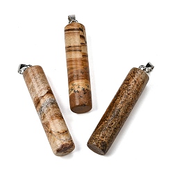 Пейзажный Джаспер Естественного изображения Джаспер большие кулоны, Подвески в виде колонн с 304 защелкивающимися креплениями из нержавеющей стали, цвет нержавеющей стали, 54.5~56x12~14 мм, отверстие : 6x4 мм