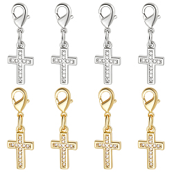 Platinum & Golden 8Pcs 2 Colors Brass Micro Pave Cubic Zirconia Pendant Decorations, Cross, with Brass Lobster Claw Clasps, Platinum & Golden, 26mm, 4pcs/color