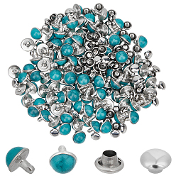 Бирюза 100шт. латунь с заклепками из синтетической бирюзы, полукруглые заклепки, заклепки столкновения, плоско-круглые, платина, бирюзовые, 8.5x8.5 мм