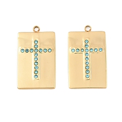 Aquamarine 304 Stainless Steel Rhinestone Pendants, Rectangle with Cross Pattern Charms, Ion Plating(IP), Real 18K Gold Plated, Aquamarine, 22x13x1.5mm, Hole: 1.5mm