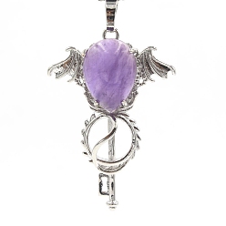 Amethyst Natural Amethyst Pendants, with Platinum Plated Brass Findings, Wing with Key Charms, 47x32x11mm