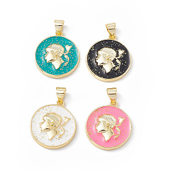 Mixed Color Rack Plating Brass Enamel Pendants, Cadmium Free & Lead Free, with Glitter Powder, Long-Lasting Plated, Real 18K Gold Plated, Flat Round with Human Charm, Mixed Color, 19x16.5x3.5mm, Hole: 4x3mm