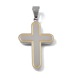 Stainless Steel Color 304 Stainless Steel Pendants, with Gold Enamel, Cross Charms, Stainless Steel Color, 38x25x3mm, Hole: 8x5mm