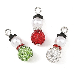 Mixed Color Christmas Handmade Polymer Clay with Rhinestone Pendants, Snowman Charms, with ABS Plastic Imitation Pearl Round Beads, Brass Rhinestone Spacer Beads, Glass Seed Beads, Platinum, Mixed Color, 27x10mm, Hole: 3.5mm
