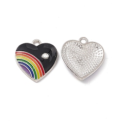 Черный Кулон эмали сплава, со стразами, сердце с радужным шармом, платина, чёрные, 20x18x3.5 мм, отверстие : 2 мм
