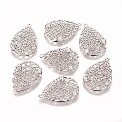 Real Platinum Plated Brass Micro Pave Cubic Zirconia Pendants, Filigree Findings, Nickel Free, teardrop, Real Platinum Plated, 25.5x17x1~2mm, Hole: 1mm