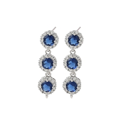 Синий Фурнитура для серег из латуни с кубическим цирконием, плоско-круглые, со стеклом, без кадмия и без свинца, стойки покрытие, долговечный, синие, 30x8 мм, отверстие : 1 мм