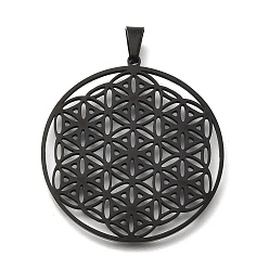 Черный Ионное покрытие (ip) 304 подвески из нержавеющей стали, духовные чары, плоский круг с цветком жизни / сакральной геометрией, чёрные, 42x39x1.2 мм, отверстие : 8x6 мм